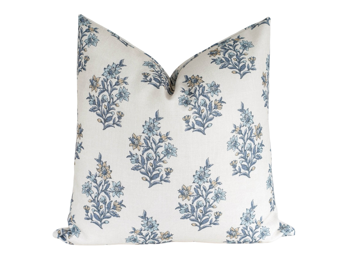 Features a vintage-inspired wildflower design in light blue, dusty blue, and soft gold on a cream background.