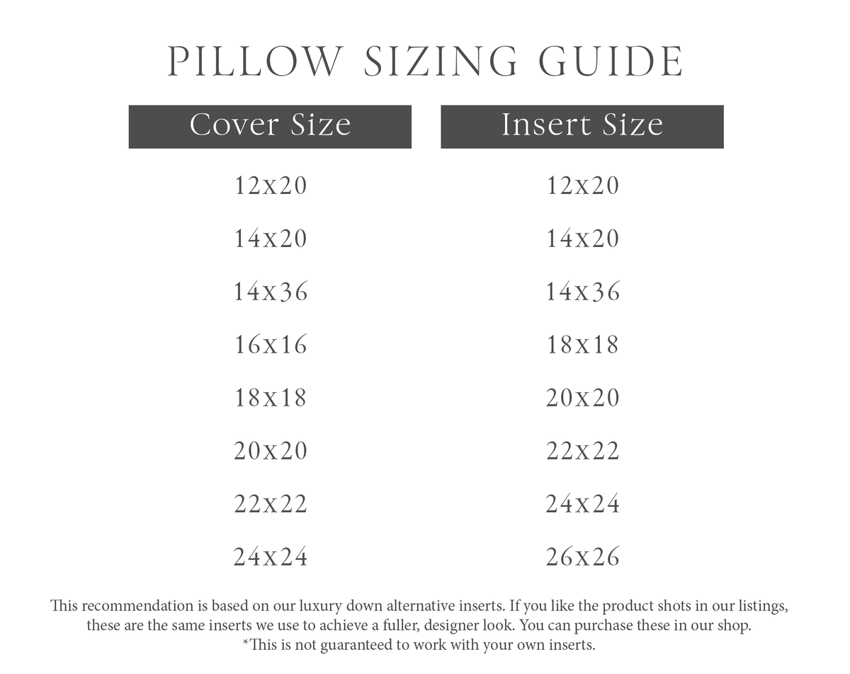 A graphic of a pillow sizing guide suggesting that if you purchase laurel and blush down alternative inserts, you should choose an insert size larger than the pillow cover size. Example: 22x22 Cover should have a 24x24 Insert.