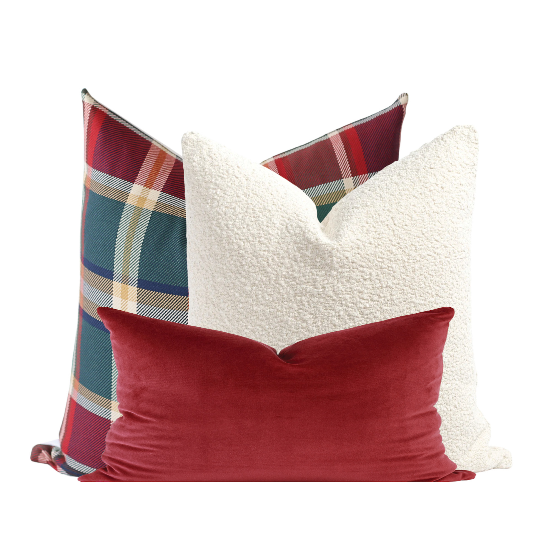 Tartan Plaid Pillow Red Christmas Pillow Set White Boucle Pillow